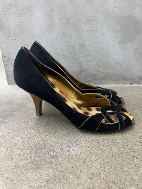 Roberto Cavalli Black Suede Peep-Toe Heels with Gold Interior